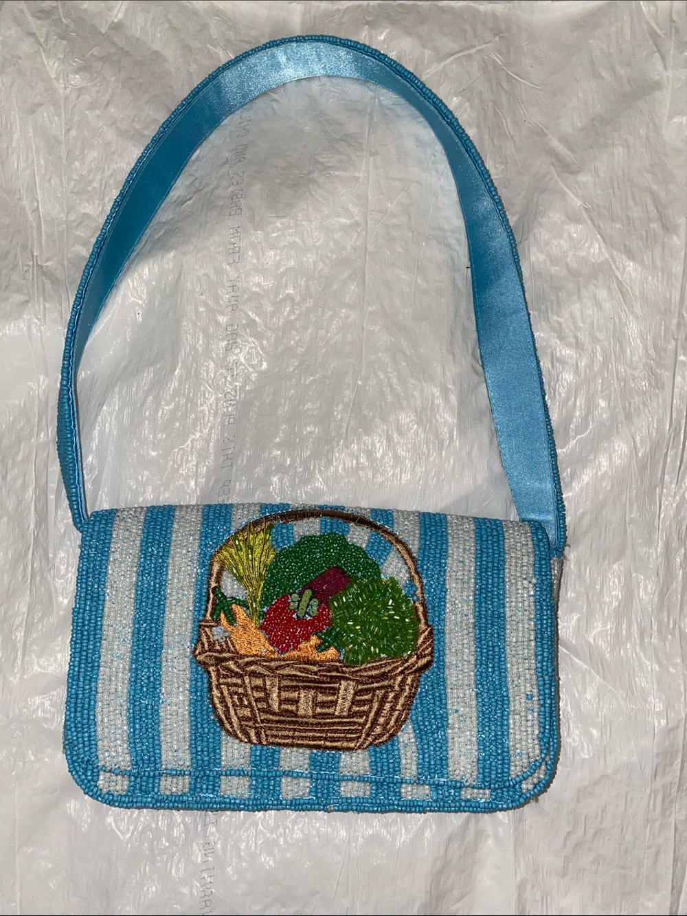Striped Blue Beaded Shoulder Bag with Basket Motif